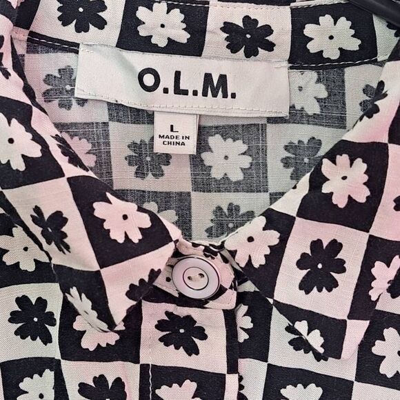 OLM Women's Checkered Floral Button Down Cropped Blouse size Large - Picture 4 of 5